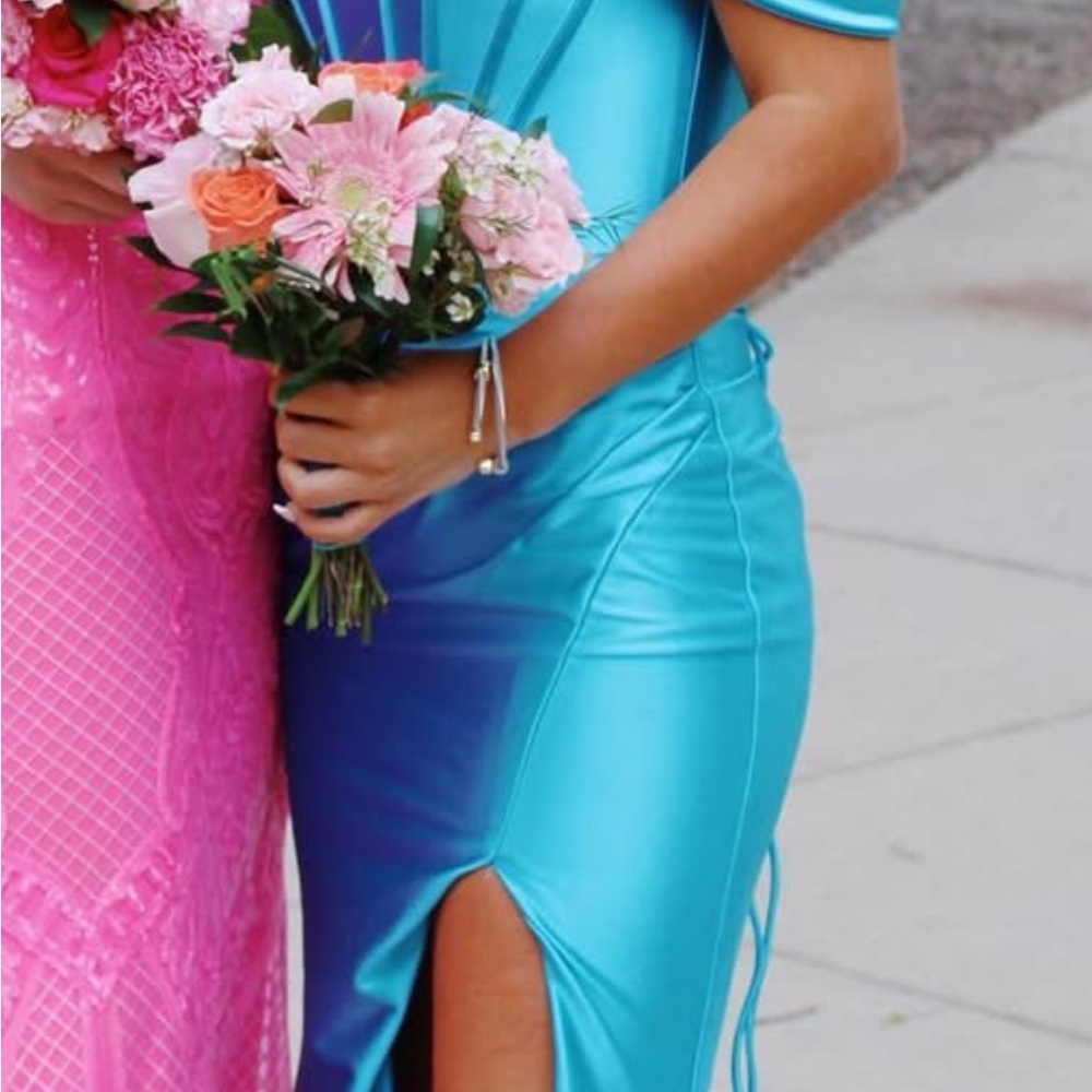 Prom Dress Turquoise Satin Dress with Slit